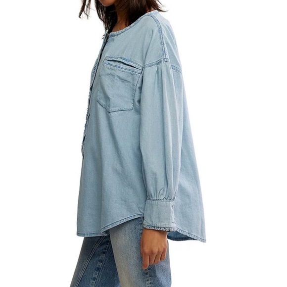 Free People Denim Dreaming Round Neck Pullover Oversized Shirt L NWT $148 - Picture 3 of 14